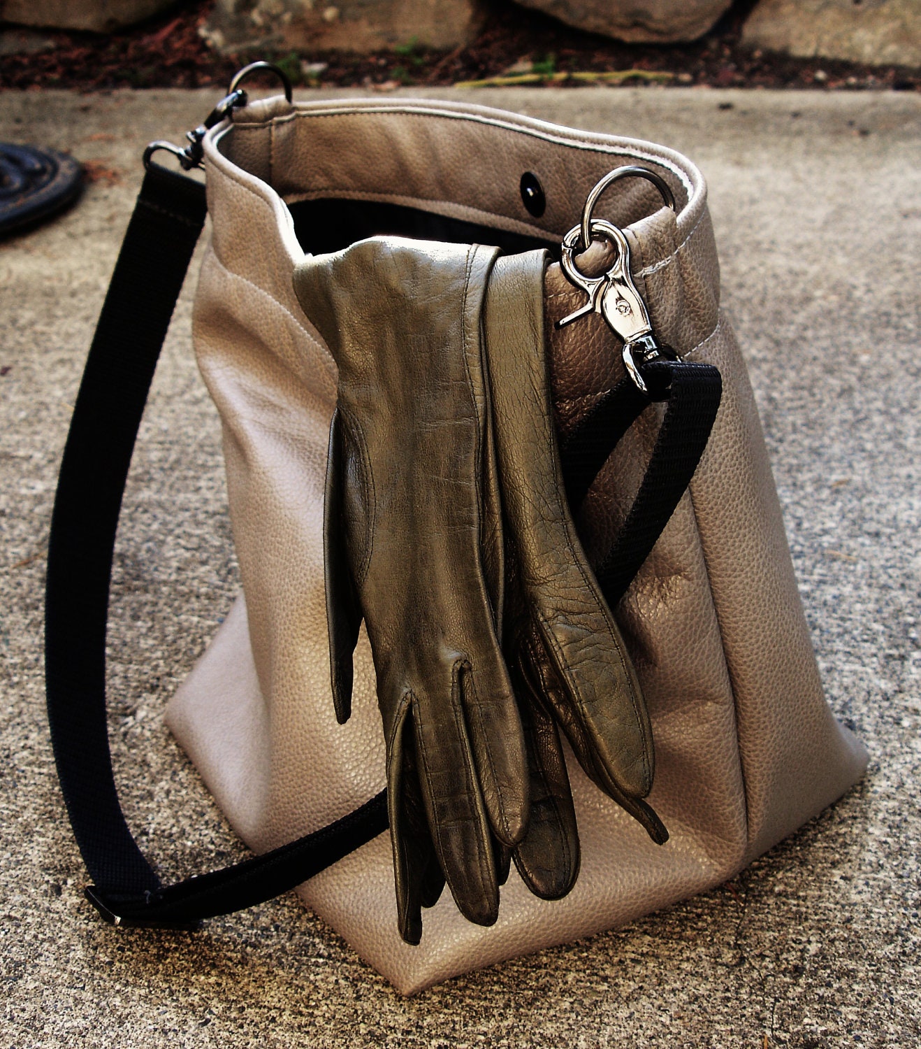 Grey gray Leather Boxy bucket Tote Bag with Black adjustable cross body strap