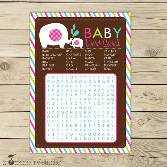 Elephant Baby Shower Pink Printable Word Search Game - Instant Download Il_570xn