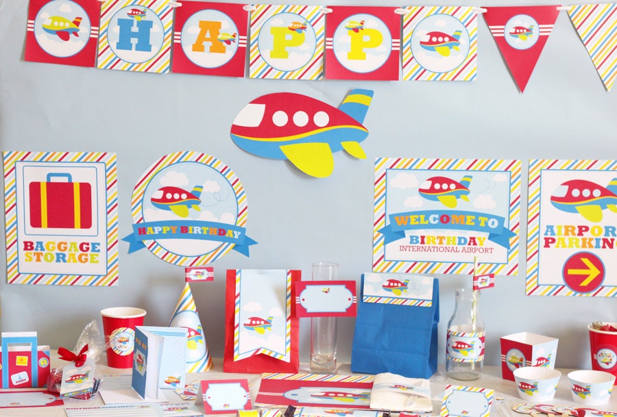 Airplane Birthday DIY Printable Party Kit Red, Lime Green, Yellow, Blue and Orange - Instant Download Il_570xn