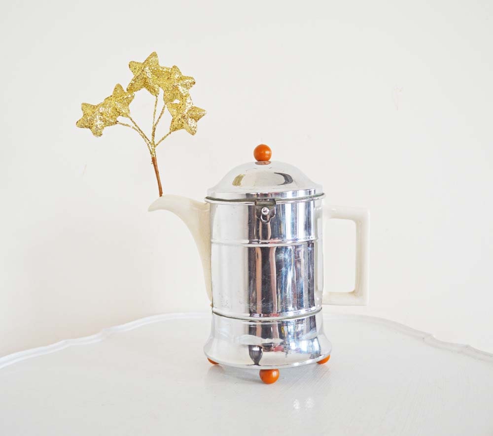 Art Deco Vintage Ceramic Teapot Insulated Chrome White Cream Bakelite Made in England Aldridge Longton