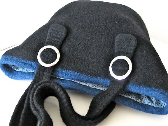 Hand Felted Black and Royal Blue Silver Buckles - Bucket Bag - Big Blue