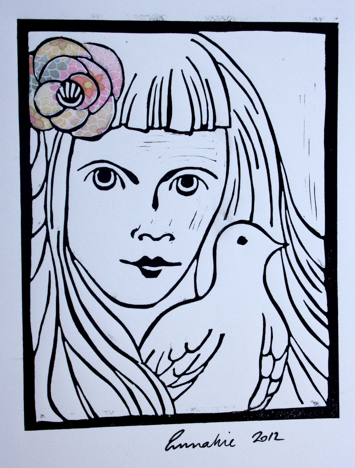 Linocut Print of Girl with Dove