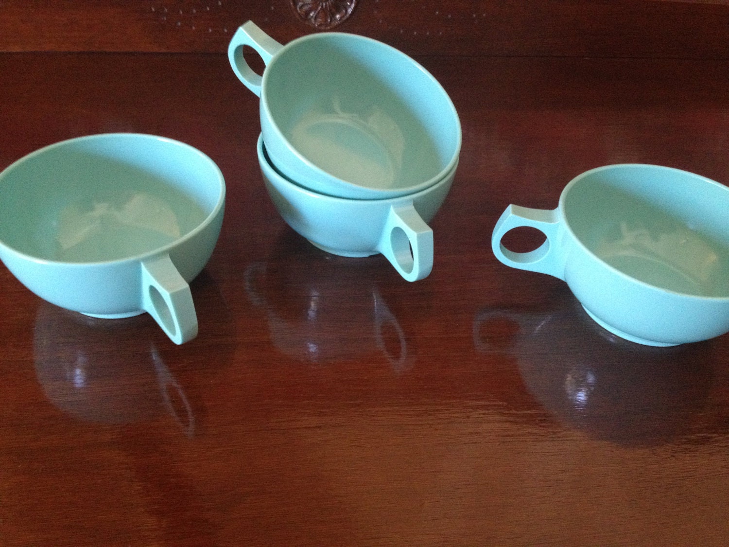 Vintage Turquoise Blue Melmac 1950s coffee cup set of 4