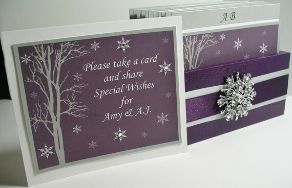 Winter Wedding Guest Book Box Set w/Snowflake Rhinestone Brooch - Purple, Grey & White
