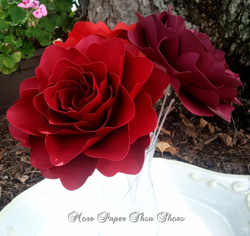 Paper Flowers - Handmade - Stemmed - Set of 3 - X-Large - Made To Order - Red Il_570xn