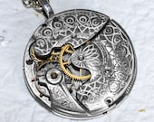 Steampunk Necklace - Spectacular 106 Yrs Old Antique Pocket Watch Movement - Silver GUILLOCHE ETCHED Men Steampunk Necklace - Wedding Gift