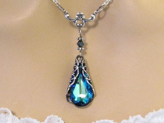 Blue Crystal Necklace, Victorian Blue Swarovski Wedding Necklace, Sterling Silver Bridal Jewelry, Bridesmaid Jewelry, Wedding Jewelry, Prom