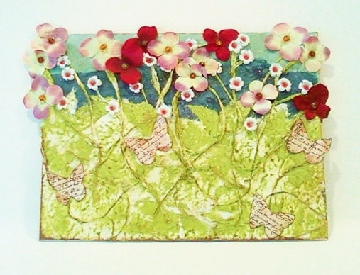 Floral Mixed Media Collage Art Pink and White Wildflowers and Butterflies - RobinsArtAndDesign