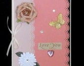 Love You Floral Blank Greeting Card - Flowers, Gold Glitter Butterfly, Beige Pearls, Pink Gemstone Heart, Peach, Coral, Green, Black