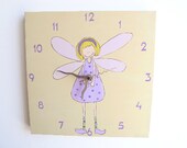 Wall clock- Purple fairy clock  - Cream Hand painted on canvas children clock, girls clock, nursery clock