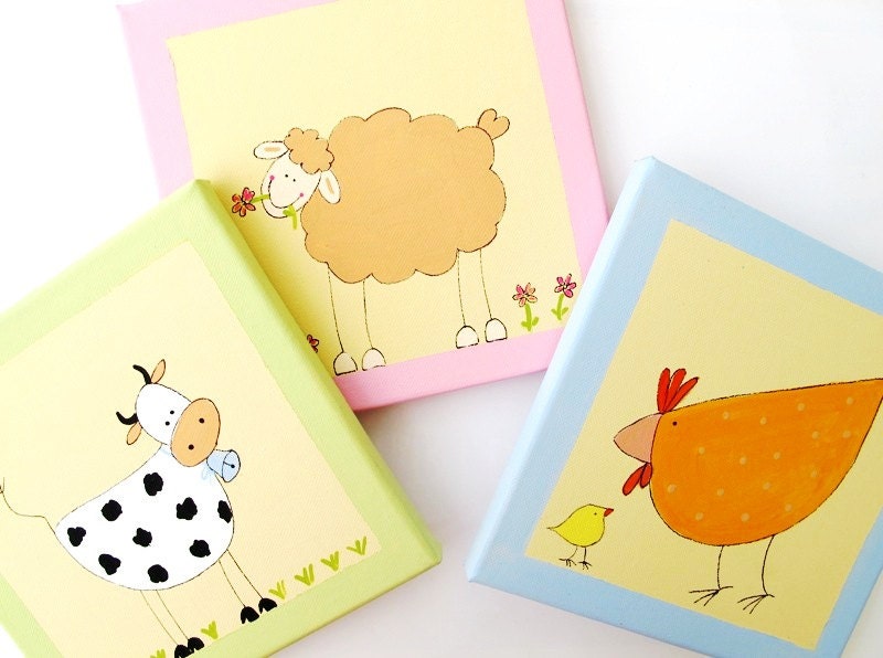 Farm Wall art for Babies and kids room- Farm animals- Original paintings on canvas- set of 3, children decor, kids wall art