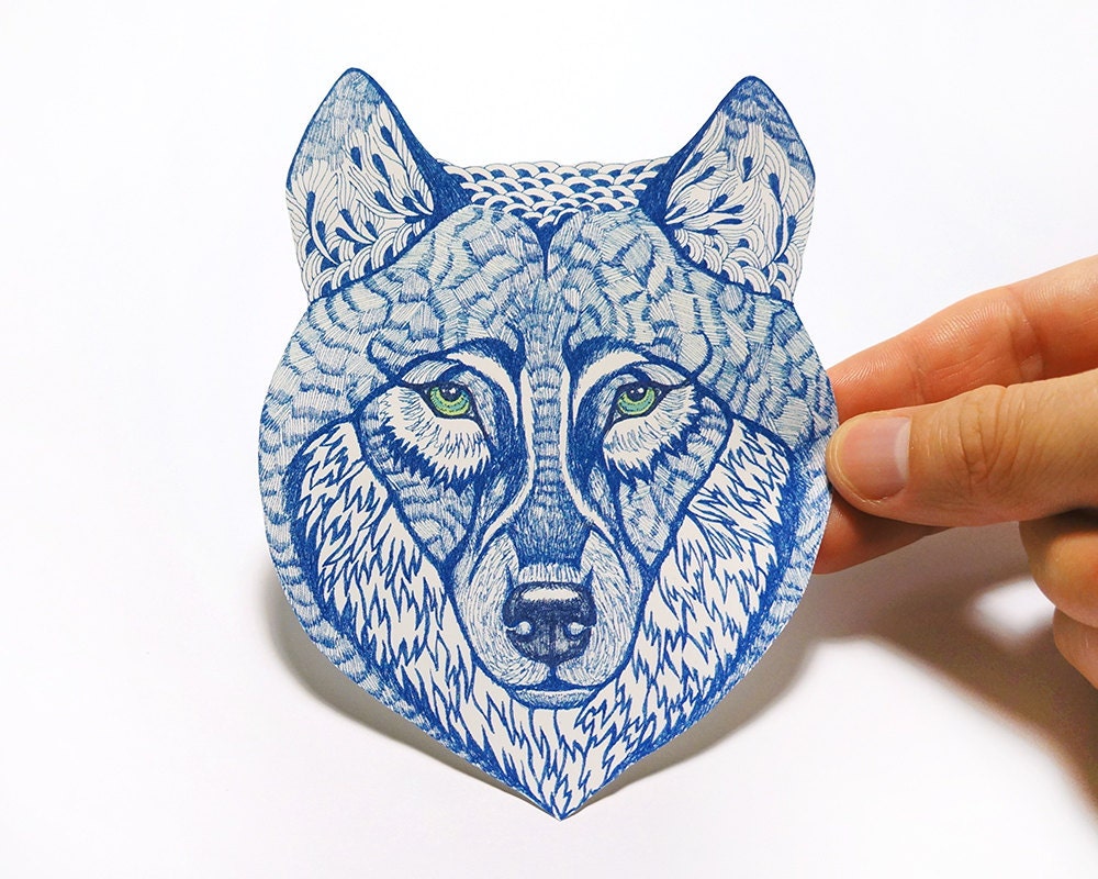 Blue Wolf Face wild animal sticker, 100% waterproof vinyl label.