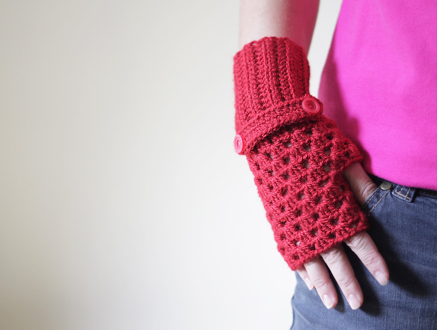 Red fingerless gloves, Hand Crochetted mitts, handmade wrist warmers