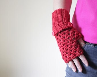 Red fingerless gloves, Hand Crochetted mitts, handmade wrist warmers