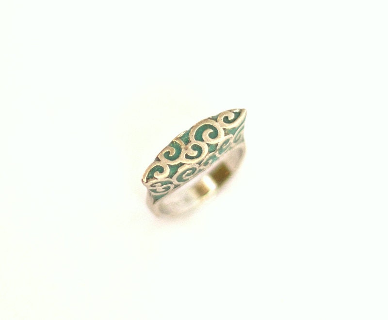 Turquoise Silver Waves ring in Sterling silver, silver spirals ring with turquoise resin, BOHO style, spring 2013