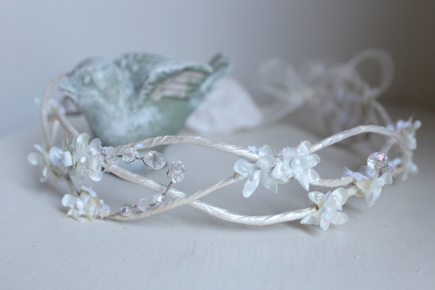 Whimsical Wedding Flower Crown, White Tiara, Crystals, fairy wedding, bridal, flower girl - SOLANGE - -