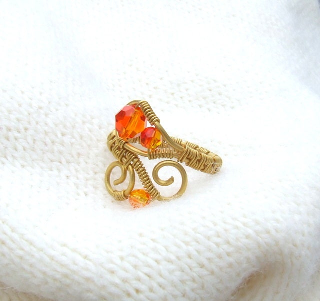Tangerine ring 18 k gold plated handmade jewelry Fire opal Swarovski crystal beaded