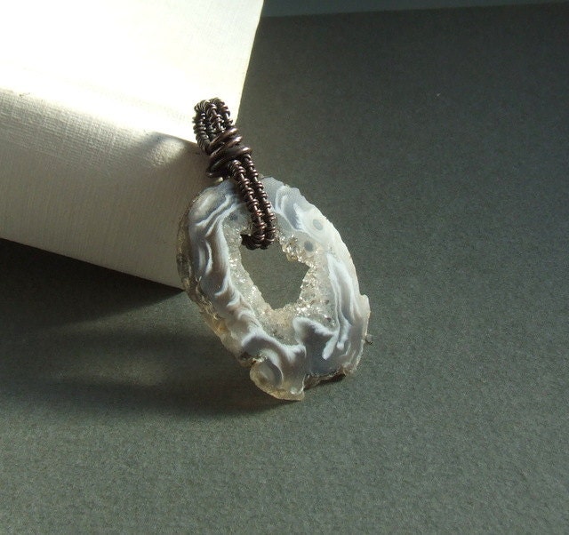 Druzy agate copper pendant, transparent stone handmade jewelry