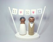 Custom Wedding Cake Toppers w/ Base and Banner - Hand Painted Wood Peg Doll Cake Toppers