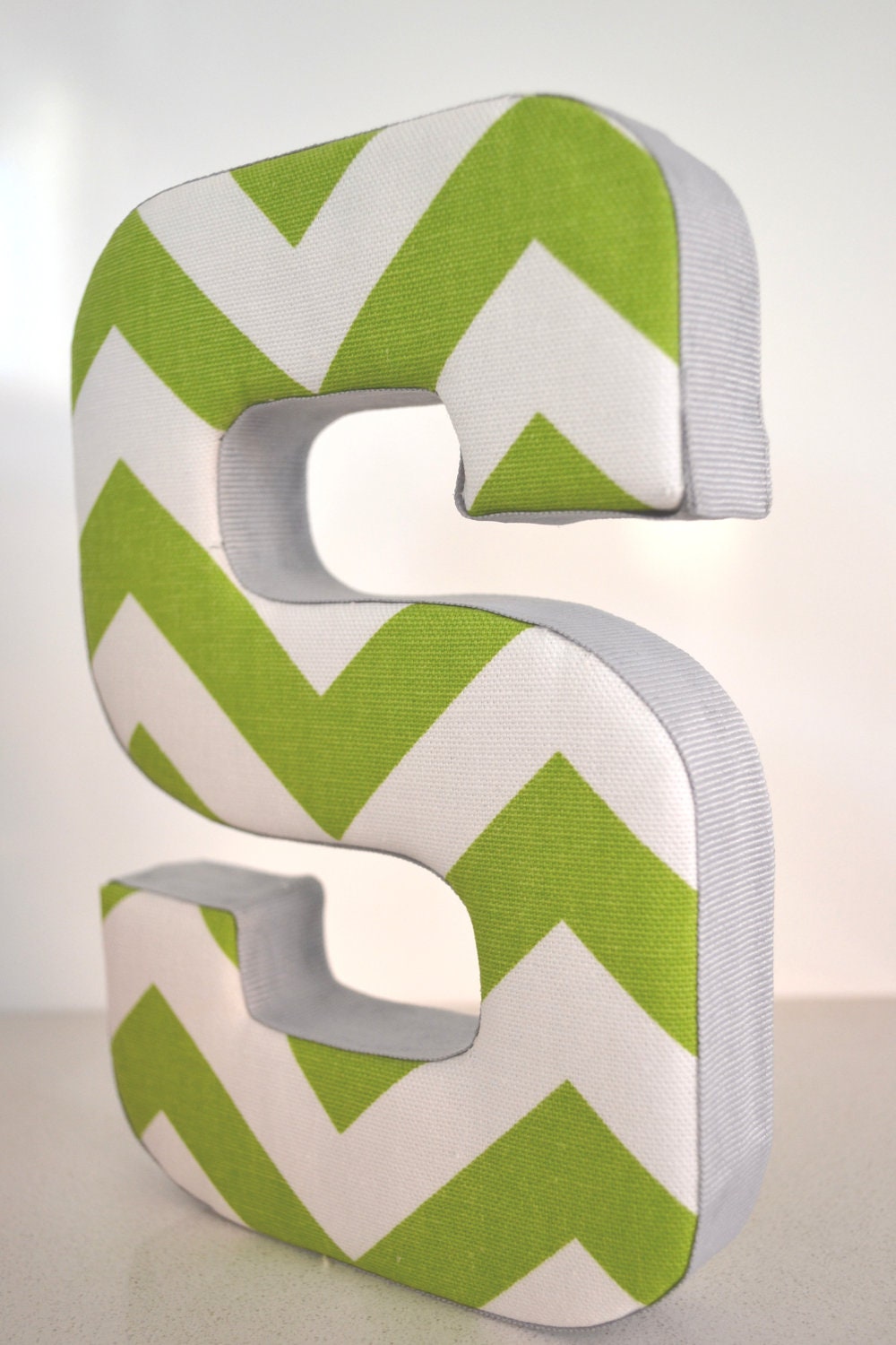 LETTER WALL ART - Fabric Letter S in Green Chevron with Grey Ribbon