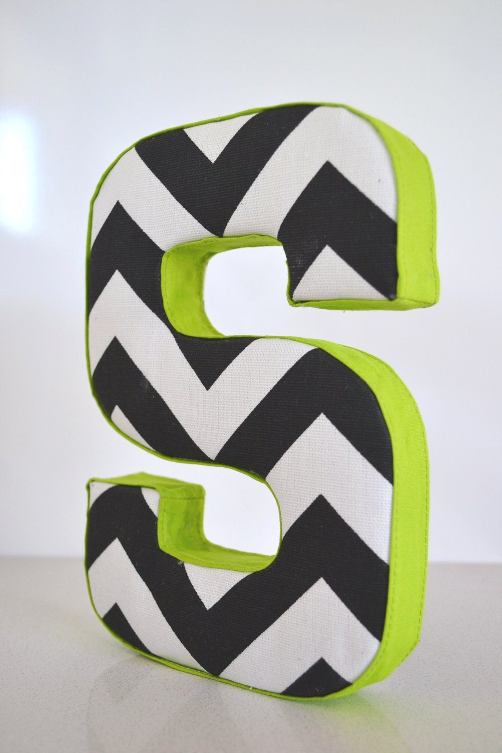 LETTER WALL ART - Fabric Letter S in Black Chevron with Citrus Green Ribbon