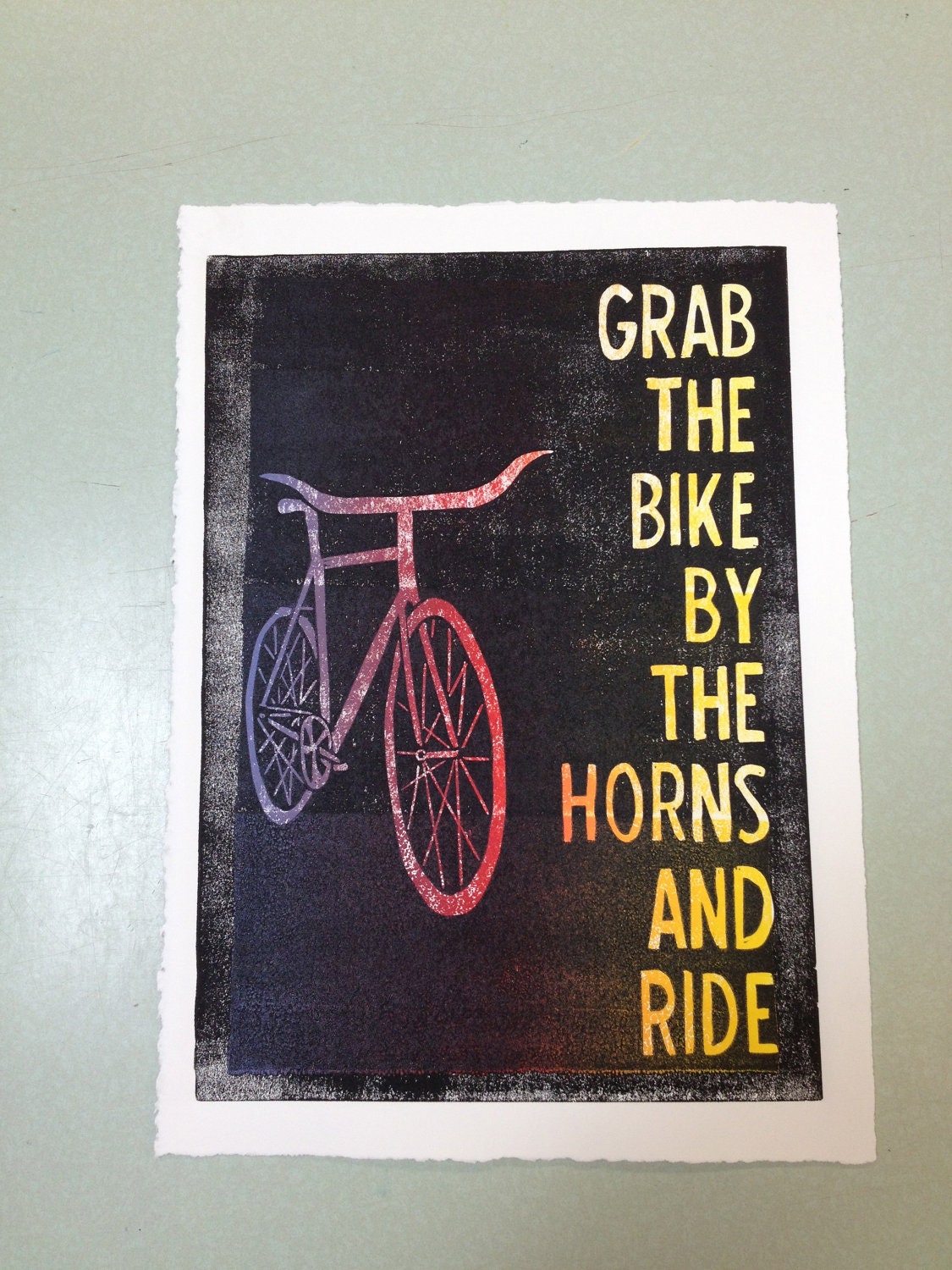 Grab the Bike by the Horns Yellow Red Blue linocut print