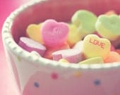 Love hearts valentines, sweet tarts, Children's photography, 5x7 fine art photograph, kitchen decor wall art, pink yellow green polka dots
