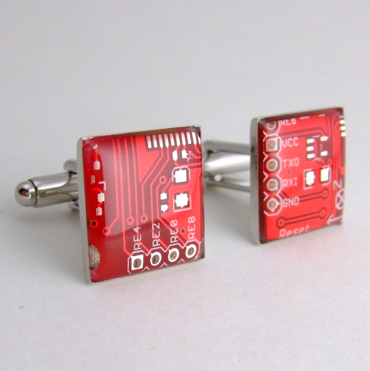 SALE Circuit Board Cufflinks -- Red, Square Domed