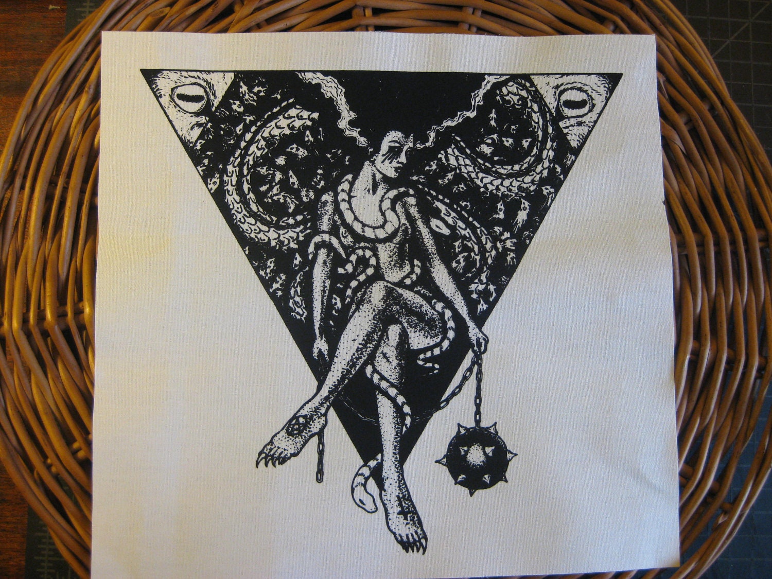 The Serpent's Ritual. handmade screen printed back patch, black on natural