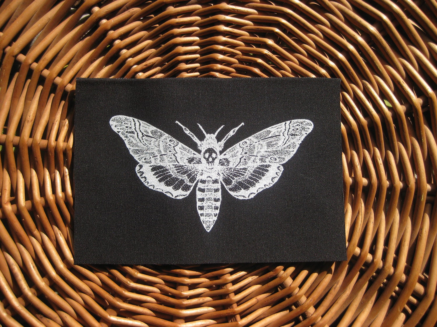 Death's Head Skull Moth Original Drawing handmade screen printed patch, white on black