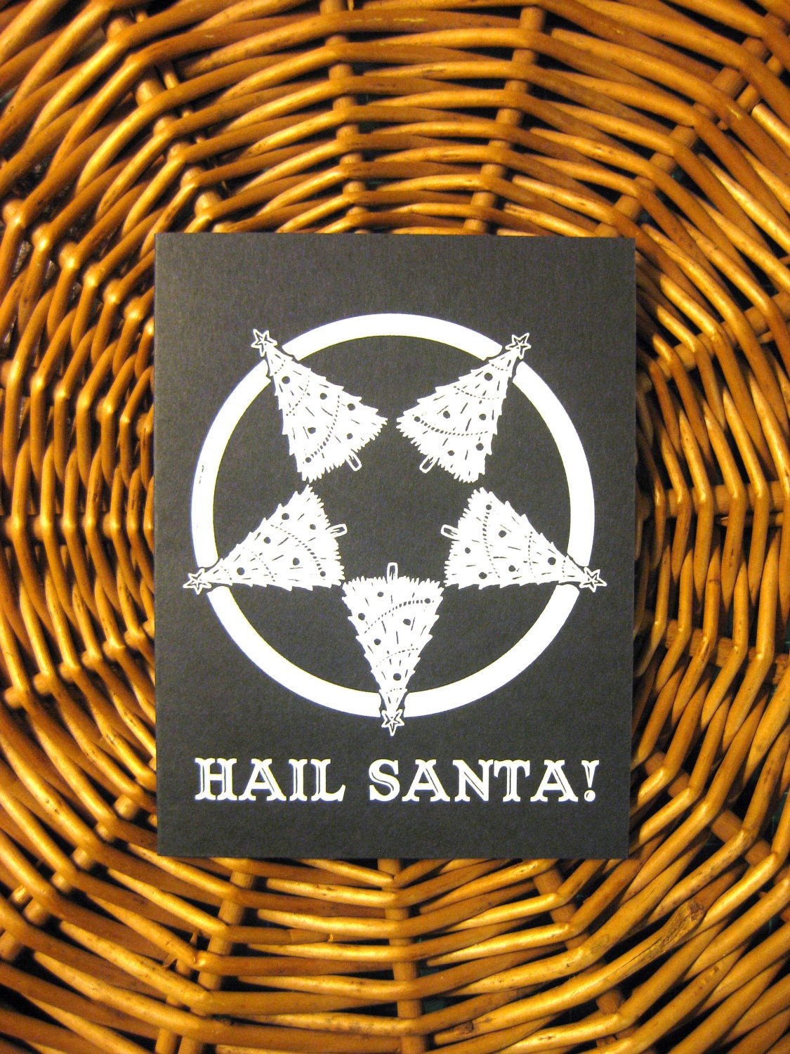 Hail Santa Black Metal Christmas Card hand screen printed with red envelope