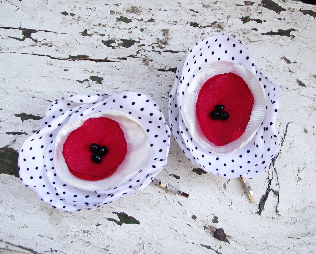 Hair Fabric Flowers White red bridal bobby pin polka dots corsage women fashion wedding europeanstreetteam