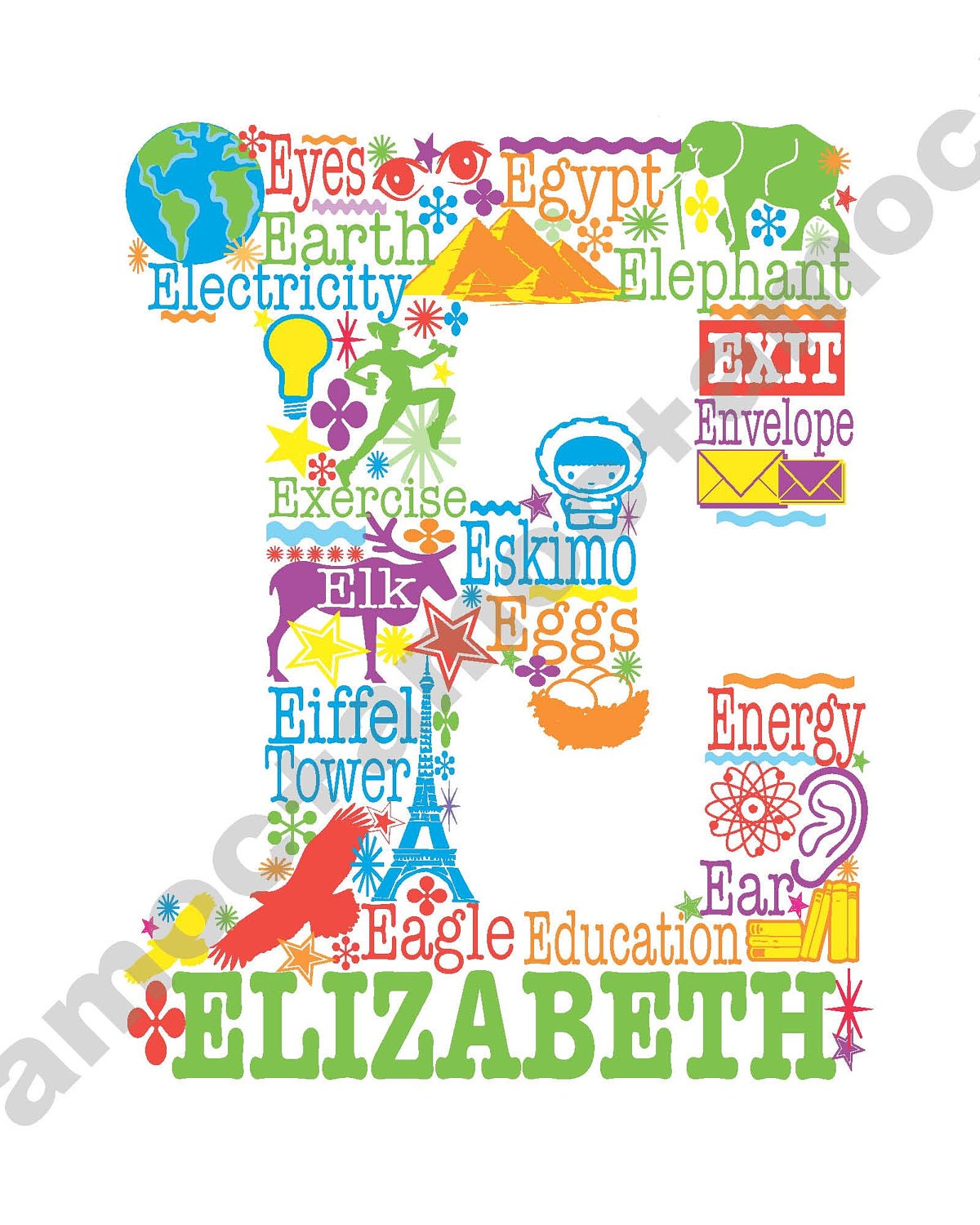 Letter E Personalized Graphic Art Print / Nursery or Children's Art   Baby Gift / Customized Print / Typography / Alphabet Print