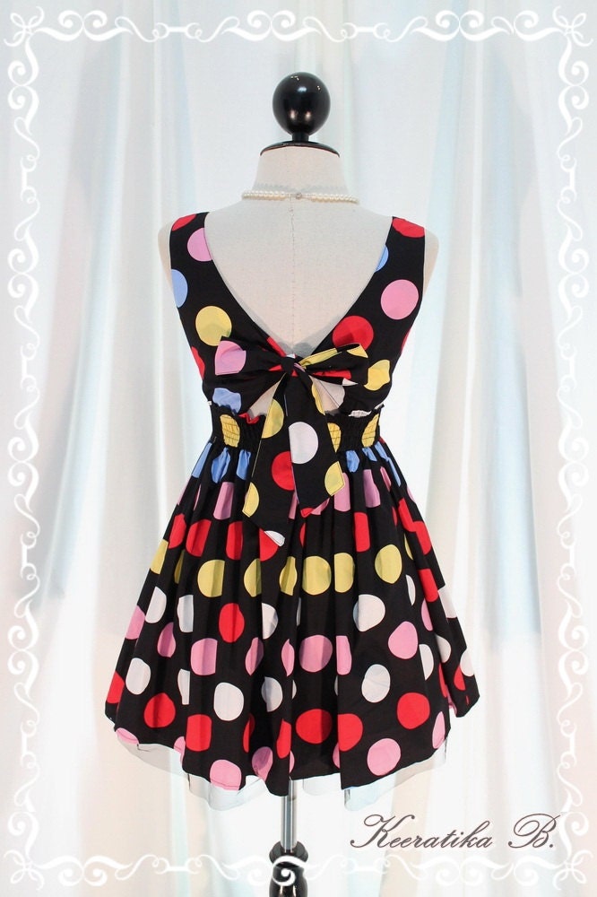 Lady Lolita - Adorable Mini Sundress Colorful Polka Dot Printed Petite Tie Bow Back Top Tutu Layer Petite Size Mini Party Dress