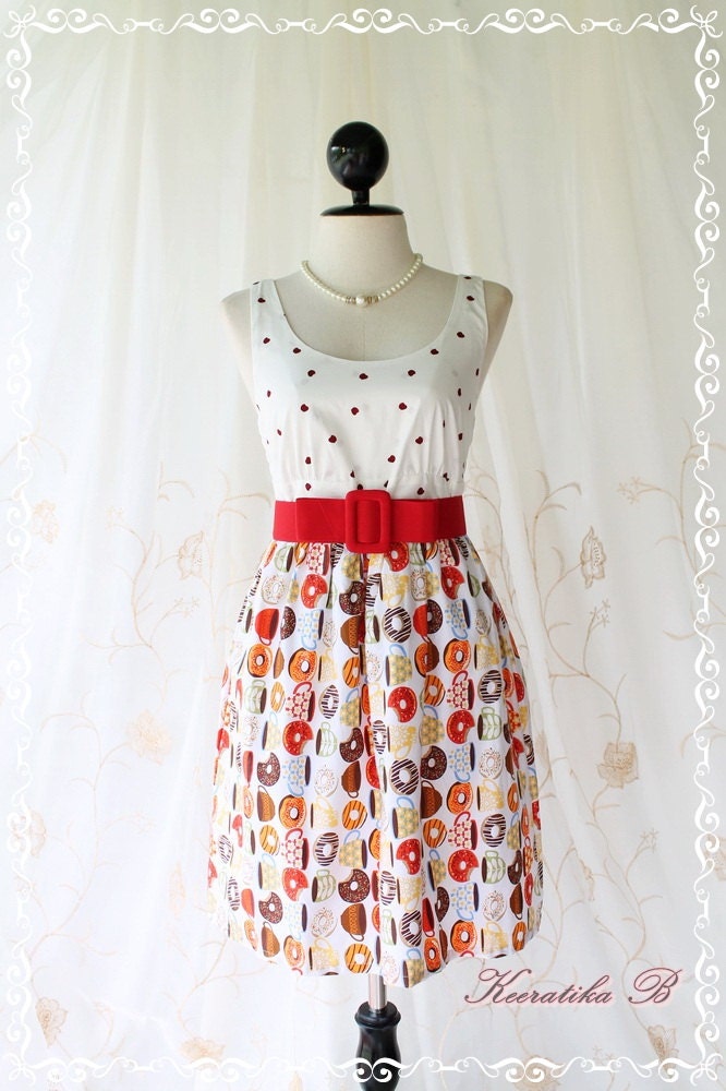 Floral Party ll - Adorable Sundress Party Day Dress White Top With Apple Heart Printed White Skirt Playful Cutie Candy Donuts Print XS-S