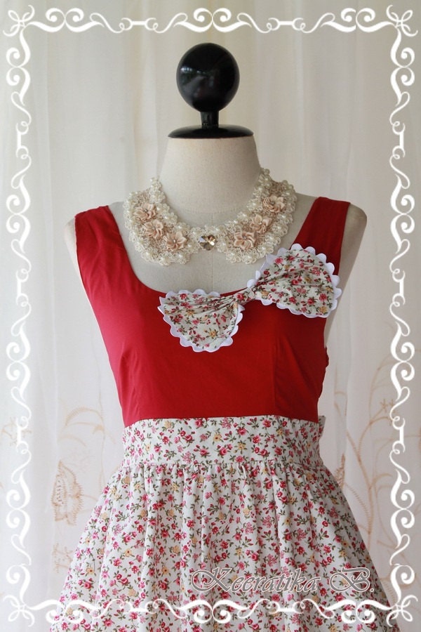 Summer Time II - Stunning Spring Summer Sundress Burgundy Top Petite Floral Printed Skirt Embroidered Matching Bow Girly Style