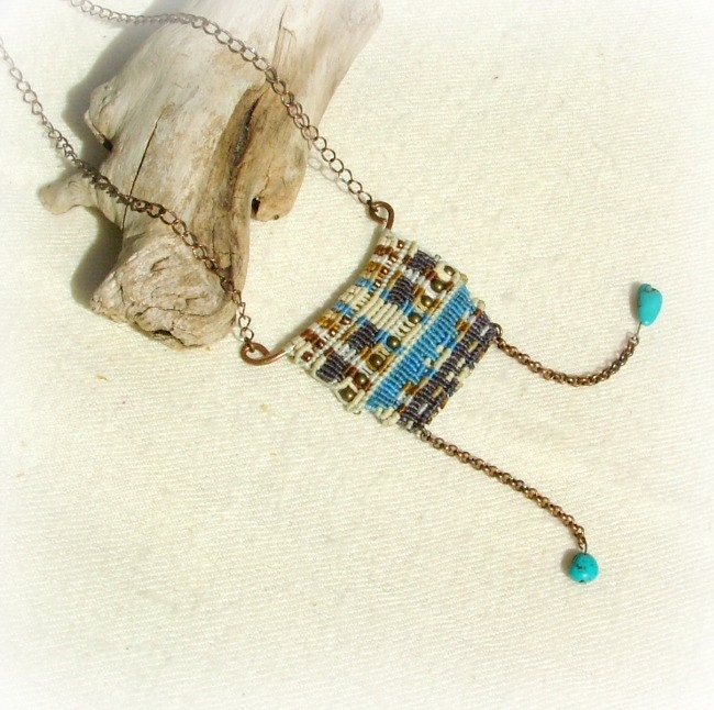 Reflections ... Macrame necklace OOAK unique pattern, beaded with hand forged copper base