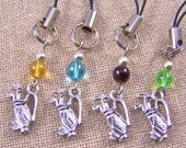 Wine Charms / Beer Bottle Beverage Marker Drink Label - Golf Bag Golfing Golfer - Set of 4 - Green Amber Blue Deep Red Beads Metal Charms
