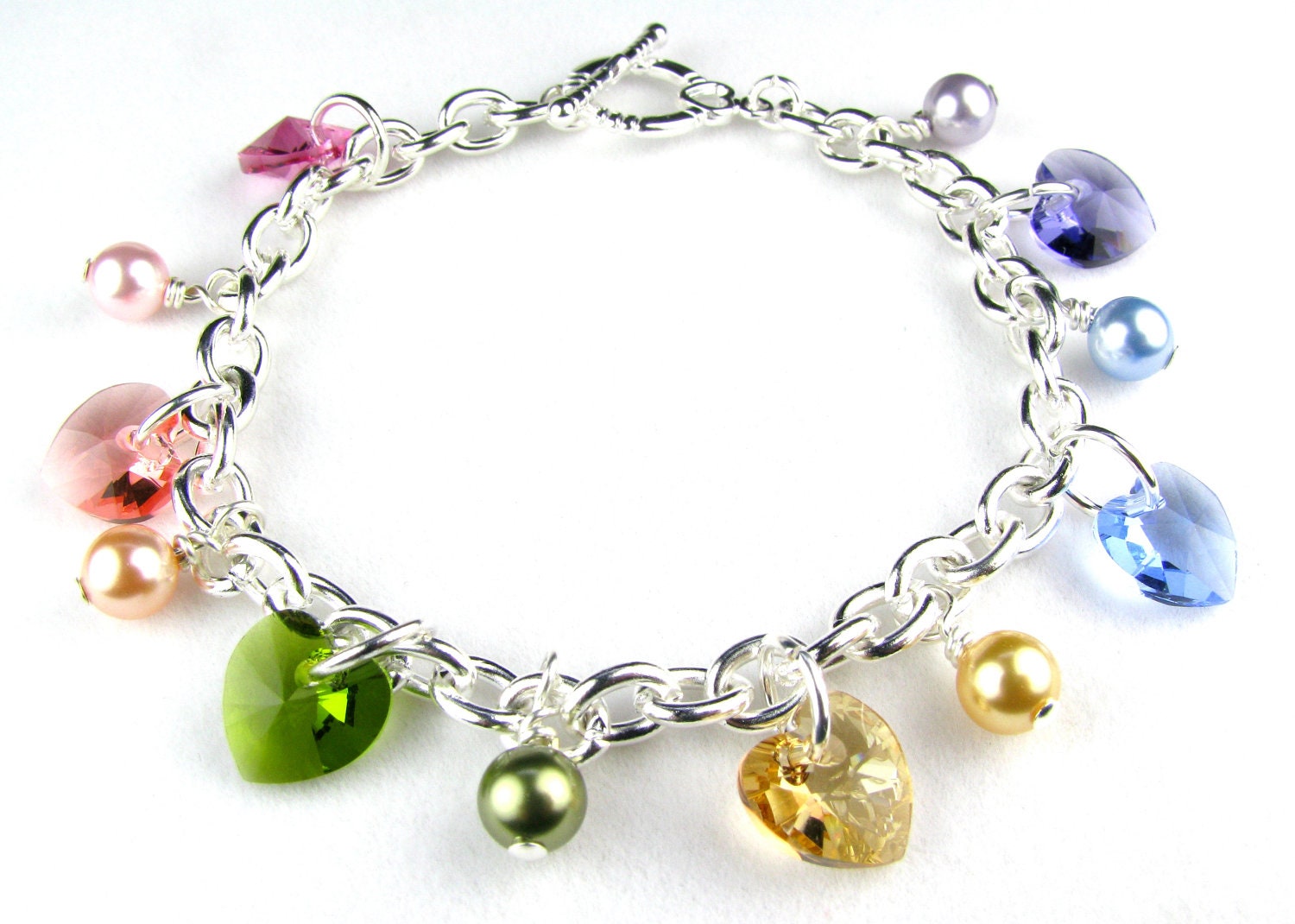 Pastel Rainbow Swarovski Pearl and Crystal Heart Charm Bracelet