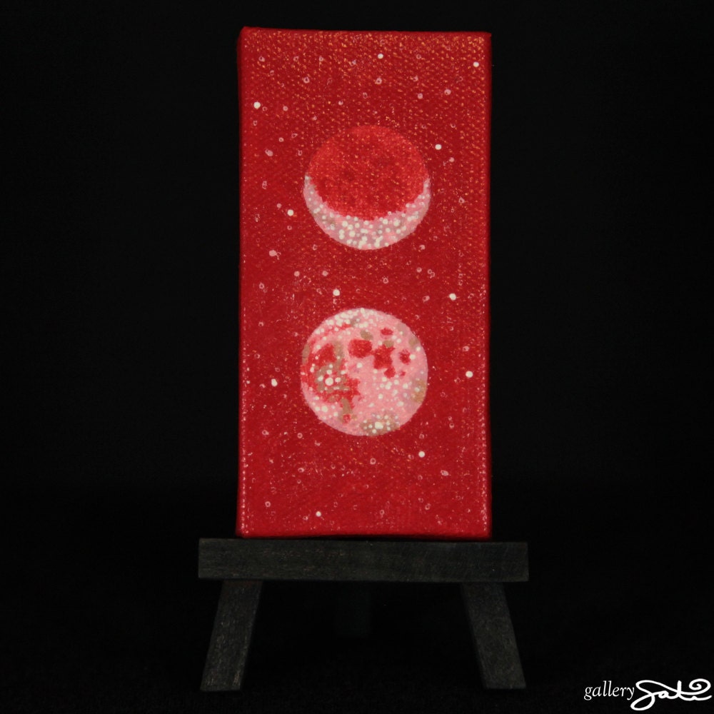 Red Sacred Masculine Moon, 2" x 4" Oil Painting, Comes with mini black easel and magnet strips on back