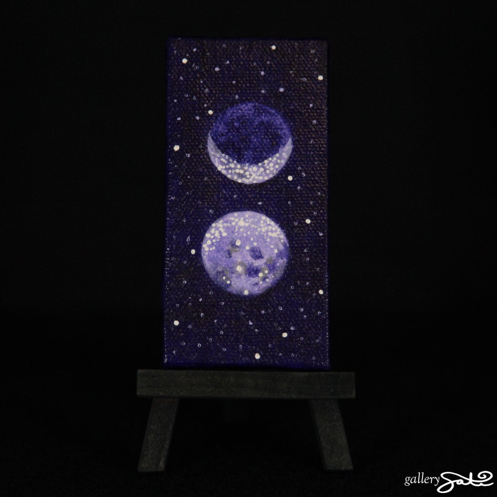 Indigo Sacred Masculine Moon, 2" x 4" Oil Painting, Comes with mini black easel and magnet strips on back