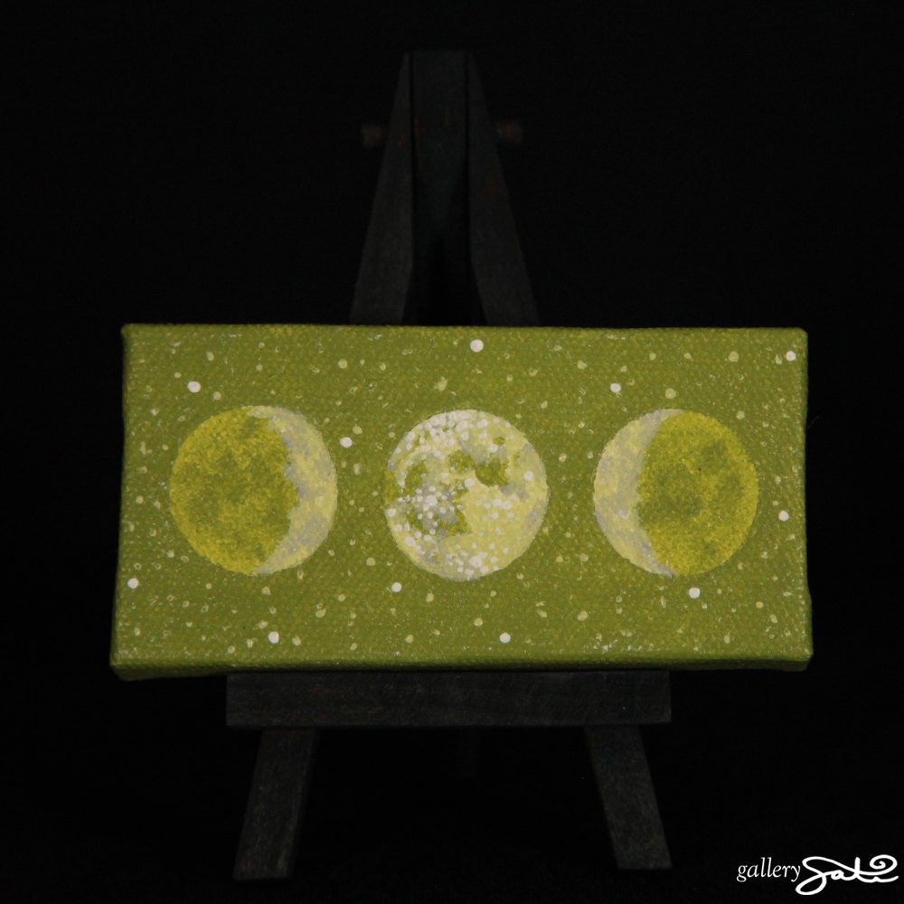 Green Sacred Feminine Moon, 2" x 4" Oil Painting, Comes with mini black easel and magnet strips on back