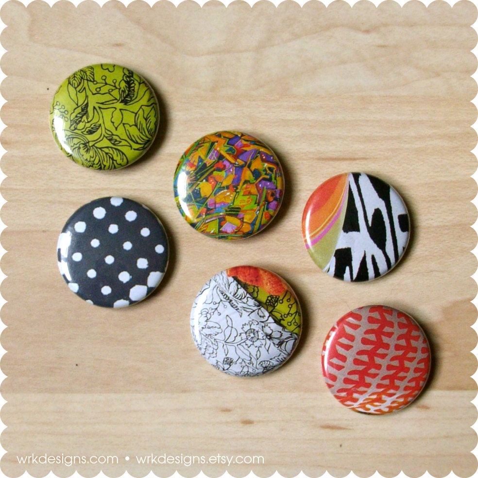 Patterned Pin Back Button Pack - Set of 6