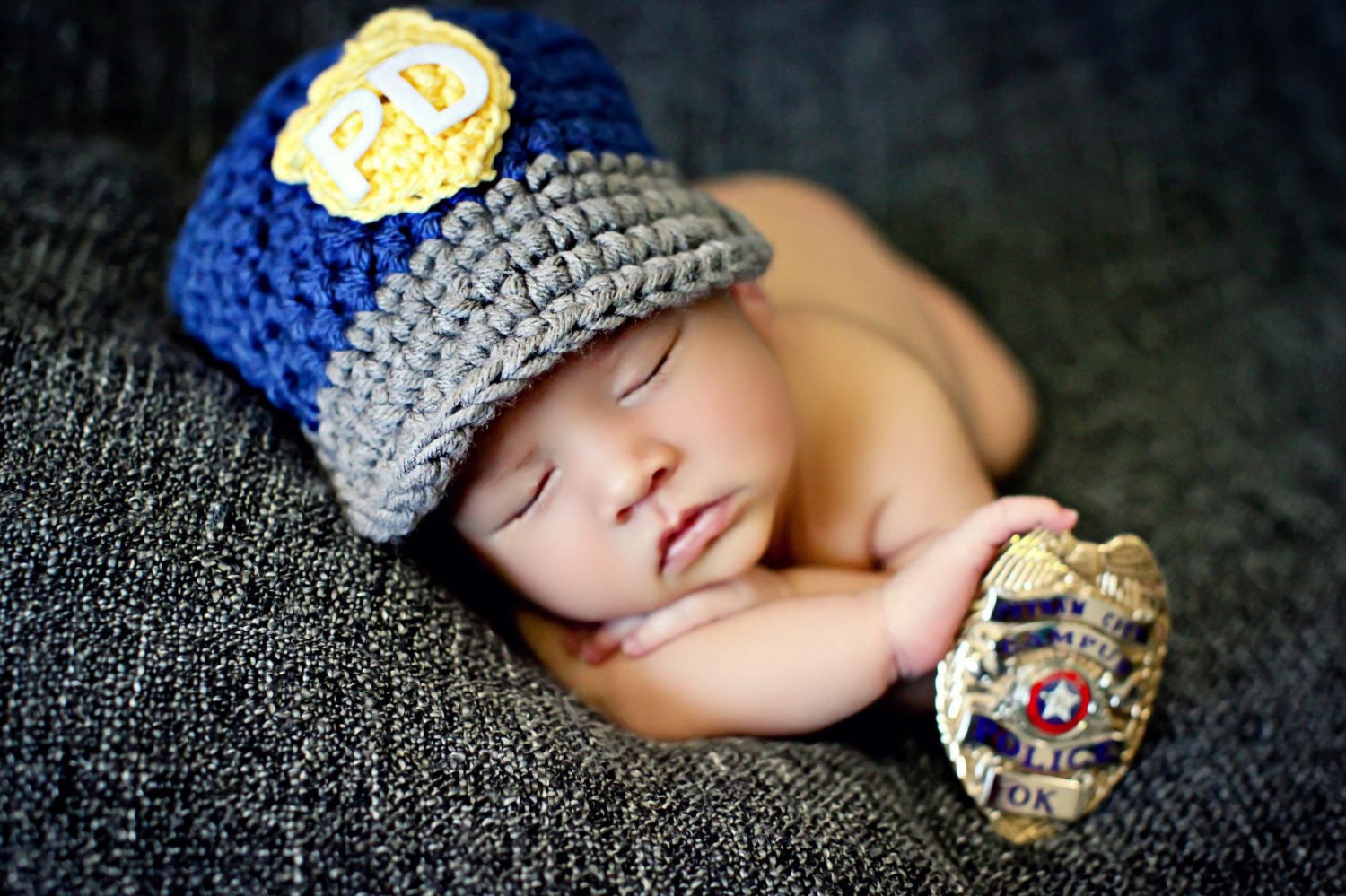 Police Hat in Blue, Gray, Yellow and White Available in Newborn to Child Size- MADE TO ORDER