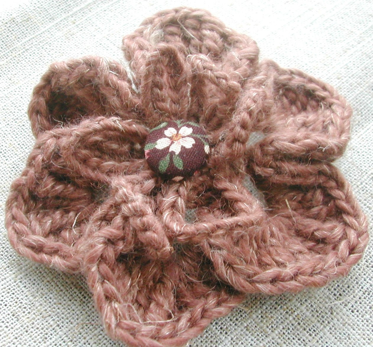 Crocheted Brown Linen/Wool Brooch