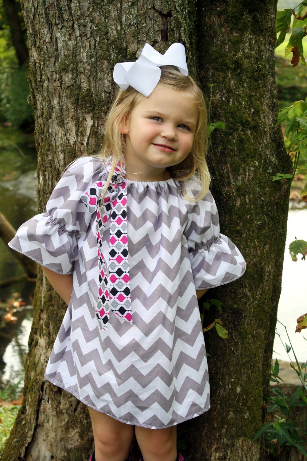 NEW 2012...Grey Chevron Tunic Dress with Bow.... 3/4 sleeves.. Sz 6m-6y.. baby, girl, toddler