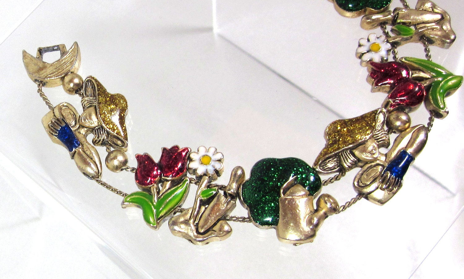 Vintage Enamel Slide Bracelet with Art Deco Lady Gardener