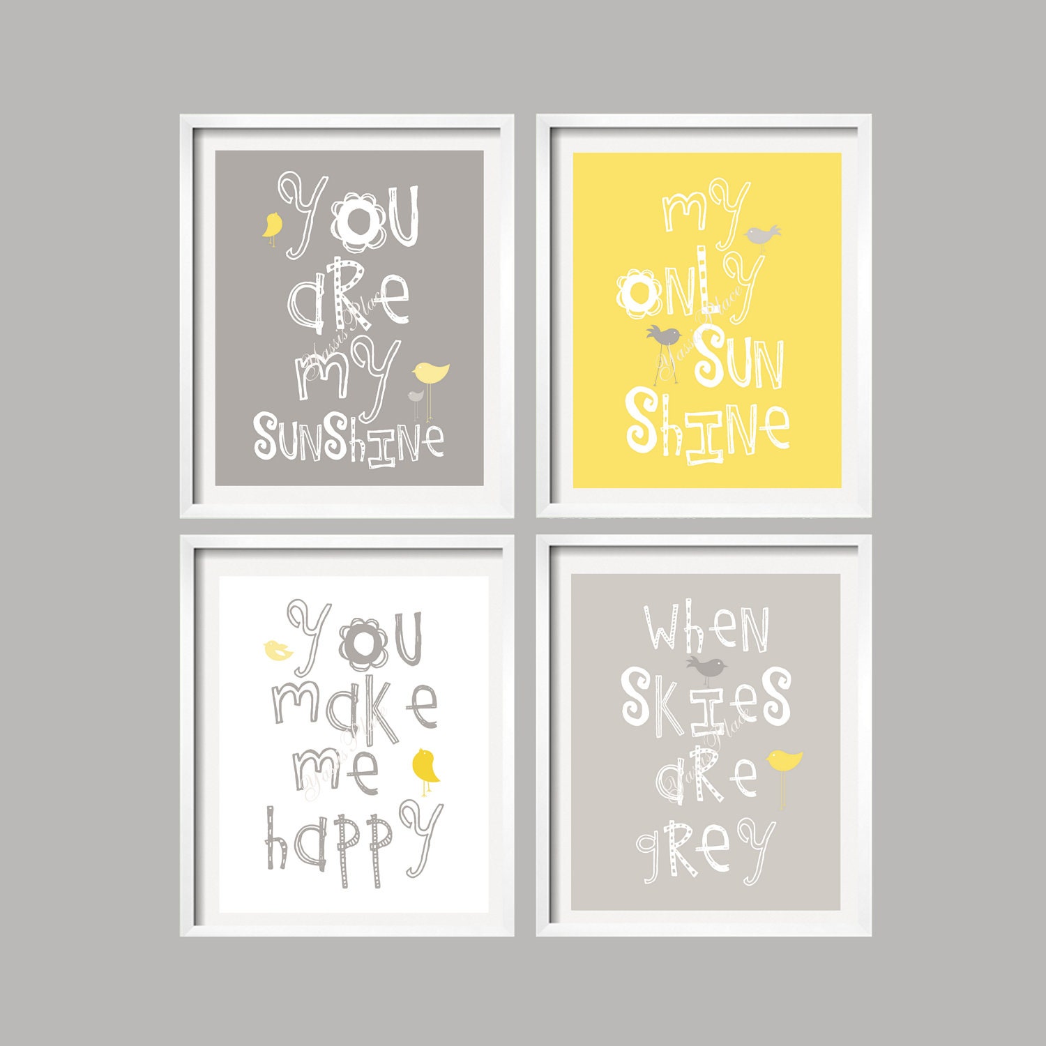 SALE Yellow and Gray Wall Art, Nursery Decor Prints - You Are My Sunshine, 4 prints 8x10, baby shower gift, for boy or girl UNFRAMED