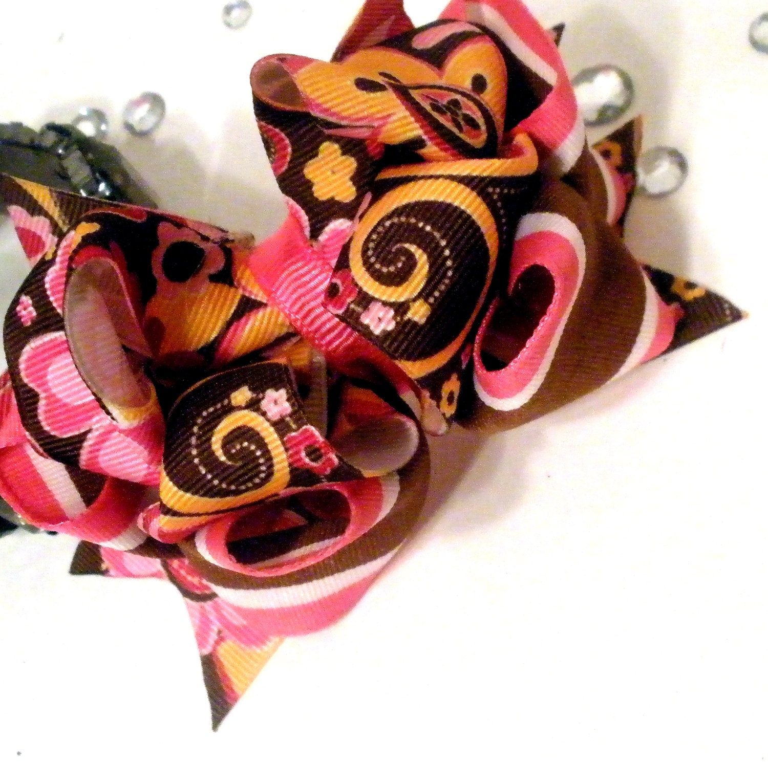 Girls Boutique Layered Hair Bow - Pink and Brown Floral Print - Pink, Brown, Orange, Flowers, Back to School