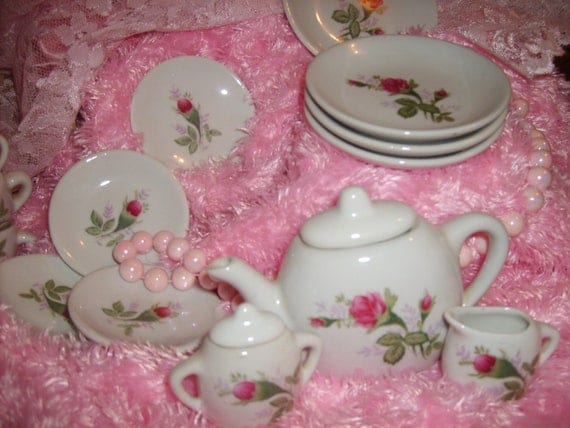 SALE.......SHABBY CHIC Child s Tea Set  Pink Princess Roses Vintage Porcelain Dishes  Collectible Teapot Marie Antoinette